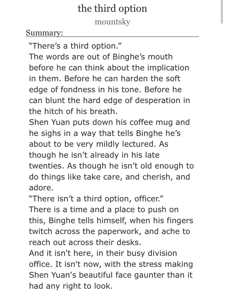 “the third option” bingqui… omegaverse….police au….yearning….mpreg :)))) fill for @aurealucretia who wanted happy and soft and somehow got this instead, and for the @SVSSSAction !!! 🔗: archiveofourown.org/chapters/14057…