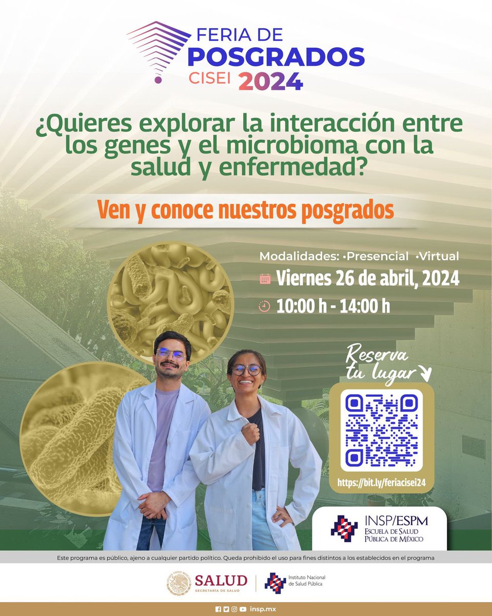 ¿Te interesaría explorar la interacción entre genes y el microbioma con la salud y la enfermedad? 🦠 Ven este 26 de abril a la Feria de Posgrados del CISEI 2024 y conoce la oferta académica. 🔬🗓️ Reserva tu lugar aquí: bit.ly/feriacisei24