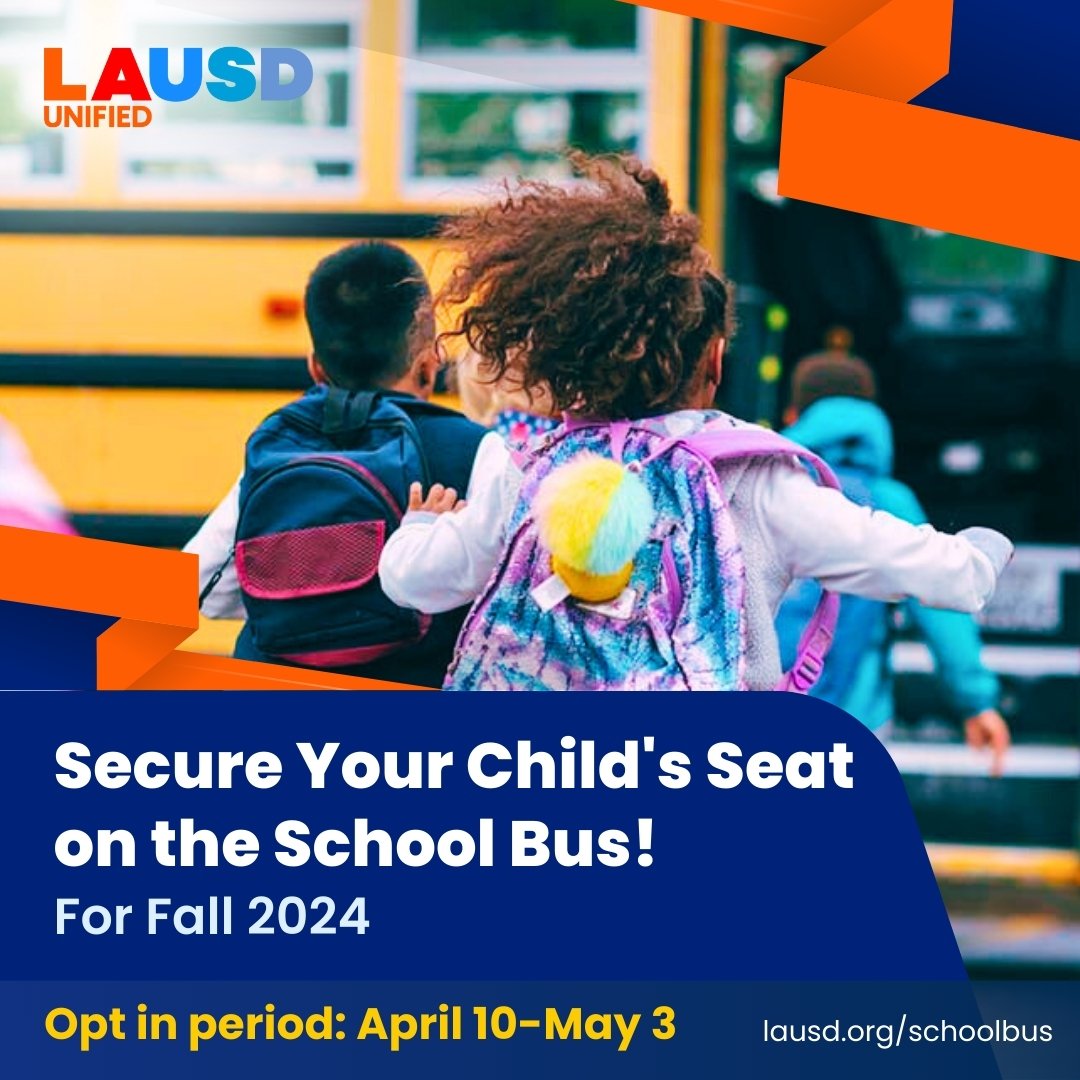 Don't miss out on @laschools Transportation for All program! Opt in now for the 2024-25 school year. Ensure your child's safe and reliable transportation to and from school. Visit lausd.org/schoolbus before May 3 to secure your spot, based on availability.