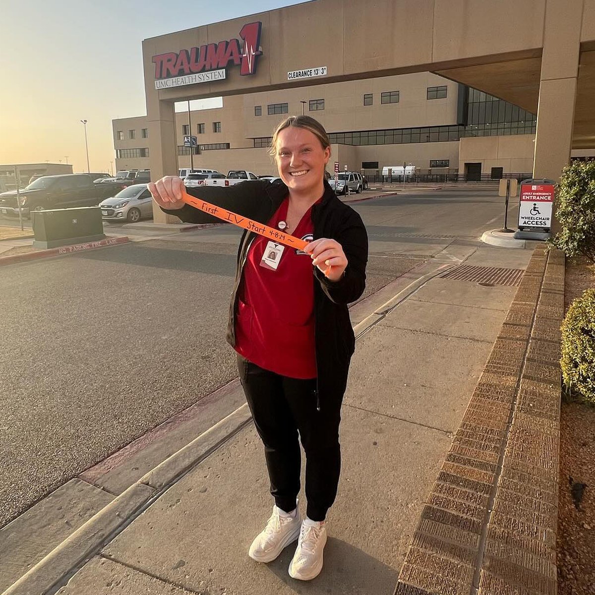 “Made it to the IV league💉🩸 #firstivstick” Posing for a photo with the tourniquet from their first IV start or blood draw is a tradition for nursing students like Emory, and others in the @ttuhscson School of Nursing in Lubbock.