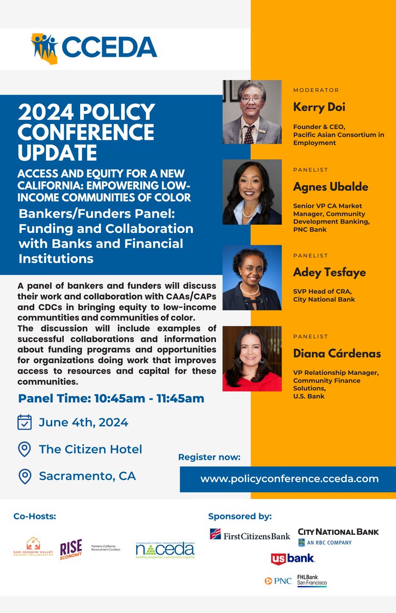 🌟 Discover funding opportunities! Join our panel on collaboration with banks & financial institutions. Learn from experts at PNC Bank, City National Bank, and U.S. Bank. 🕙 10:45am-11:45am. #Equity #CommunityDevelopment
ow.ly/gZ4650RlHxA