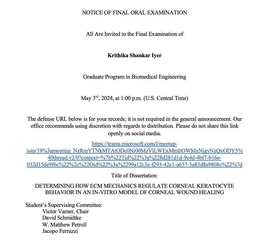 Varner Lab (@labvarner) on Twitter photo Very excited to announce the defense of our very own Krithika Iyer on May 3rd at 1 PM on Microsoft Teams!
Come and support her as she discusses her workπ
#phddefense #bioengineering <a href="/bme_utd/">Bioengineering_UTDallas</a> @BME_UTSW #biomechanics #cornea #cornealresearch Very excited to announce the defense of our very own Krithika Iyer on May 3rd at 1 PM on Microsoft Teams!
Come and support her as she discusses her workπ
#phddefense #bioengineering <a href="/bme_utd/">Bioengineering_UTDallas</a> @BME_UTSW #biomechanics #cornea #cornealresearch
