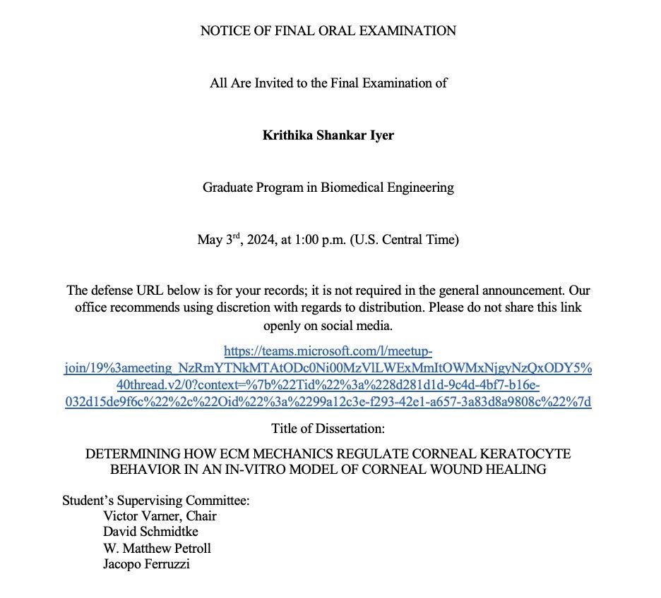 Very excited to announce the defense of our very own Krithika Iyer on May 3rd at 1 PM on Microsoft Teams! 
Come and support her as she discusses her work😊

#phddefense #bioengineering @bme_utd @BME_UTSW #biomechanics #cornea #cornealresearch