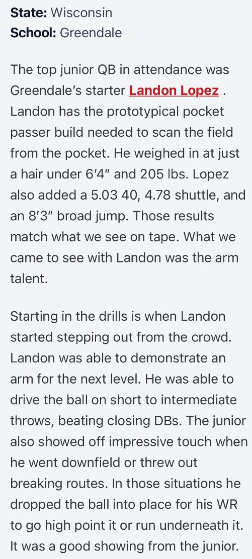 Thank you @MJ_NFLDraft for the write up. Lots of work to do still. @PrepRedzoneWI @CoachParnell @prepsrecruit @travisWSN