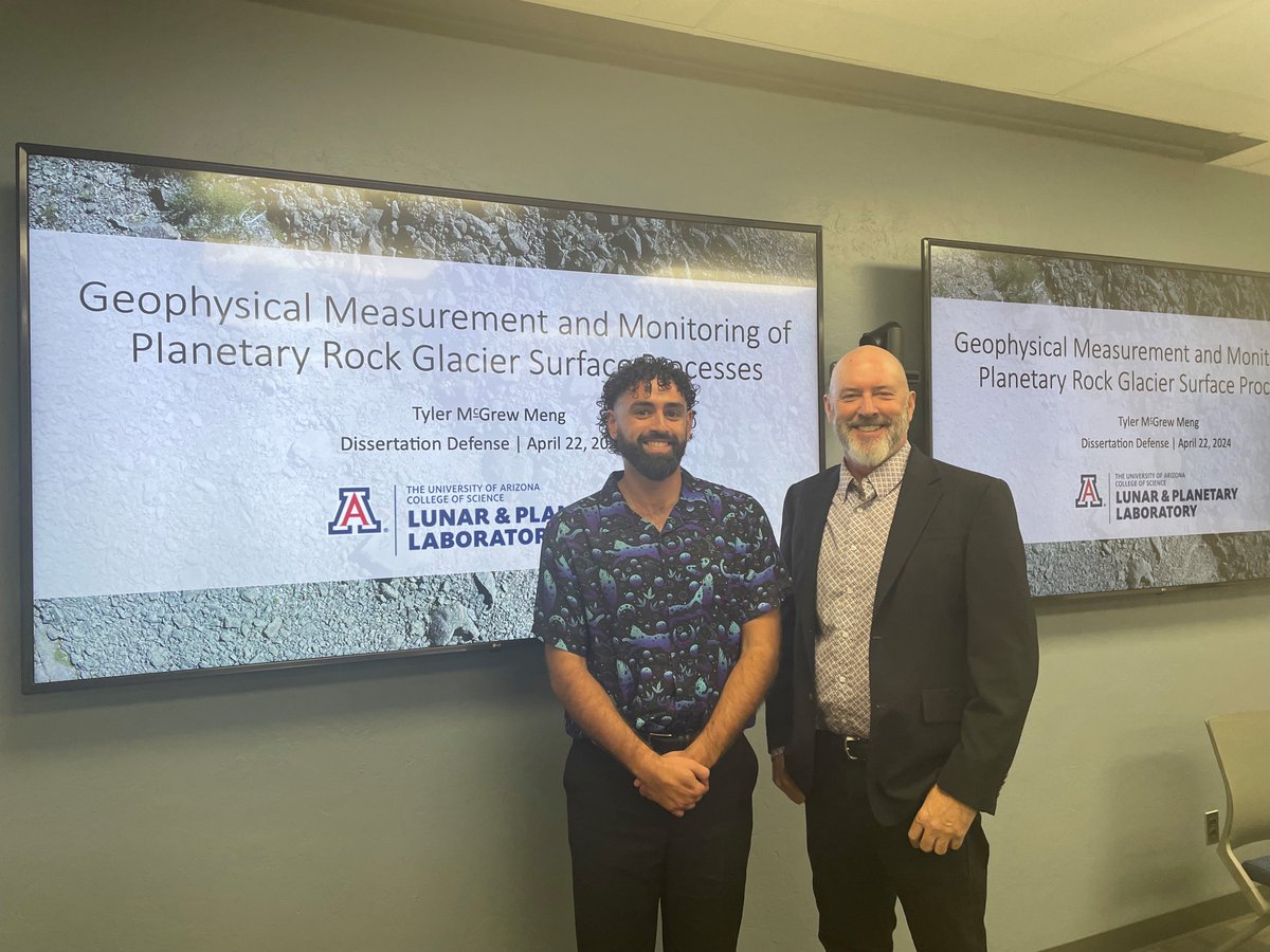 Please join us in congratulating Tyler Meng, who today successfully defended his Ph.D. Dissertation Geophysical Measurement and Monitoring of Planetary Rock Glacier Surface Processes. 📸:Tyler is pictured with his Ph.D. advisor, Dr. Jack Holt.