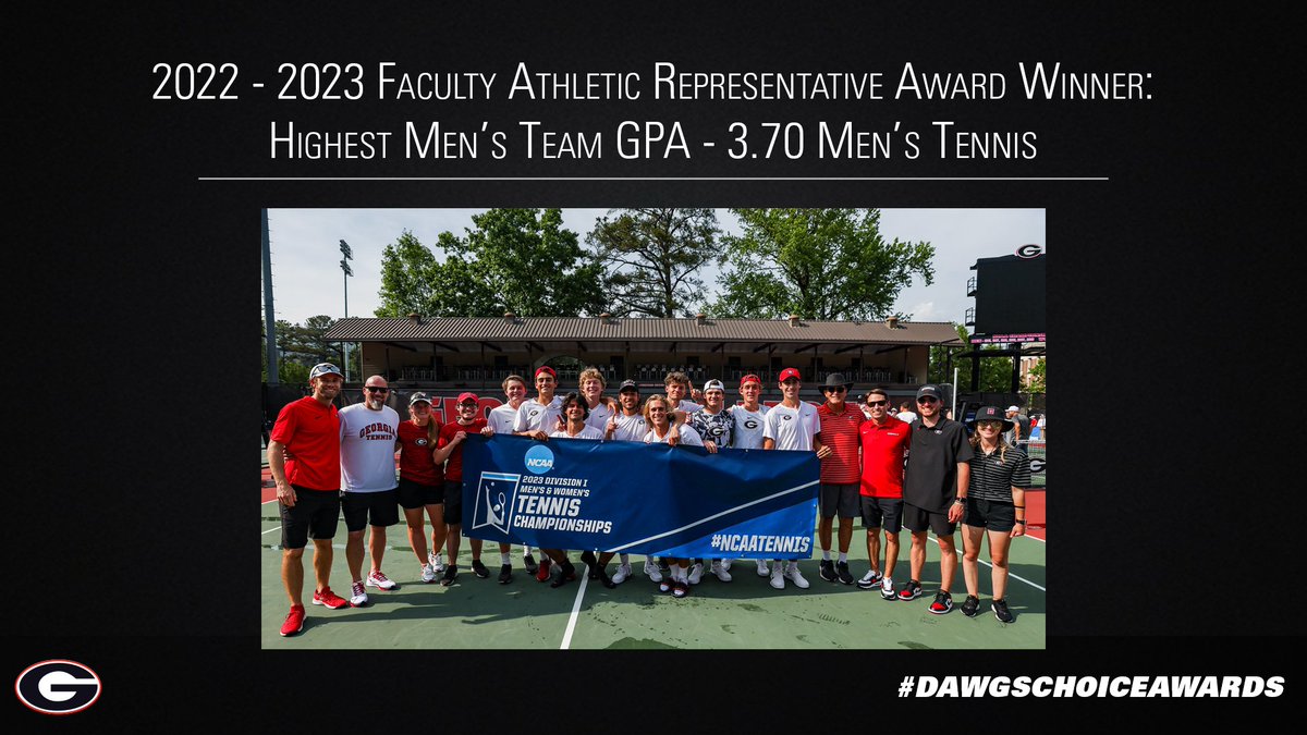 The Men’s Faculty Athletics Representative Team Academic Achievement Award goes to the Men's Tennis, who finished the 2022-23 academic year with a 3.70 GPA. #DawgsChoiceAwards @ugatennis