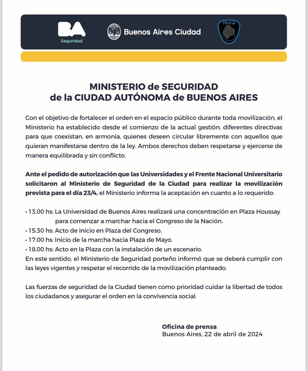 El comunicado de la Policía de la Ciudad que anticipamos en @elDiarioAR sobre como será el protocolo antipiquete por la marcha universitaria de mañana