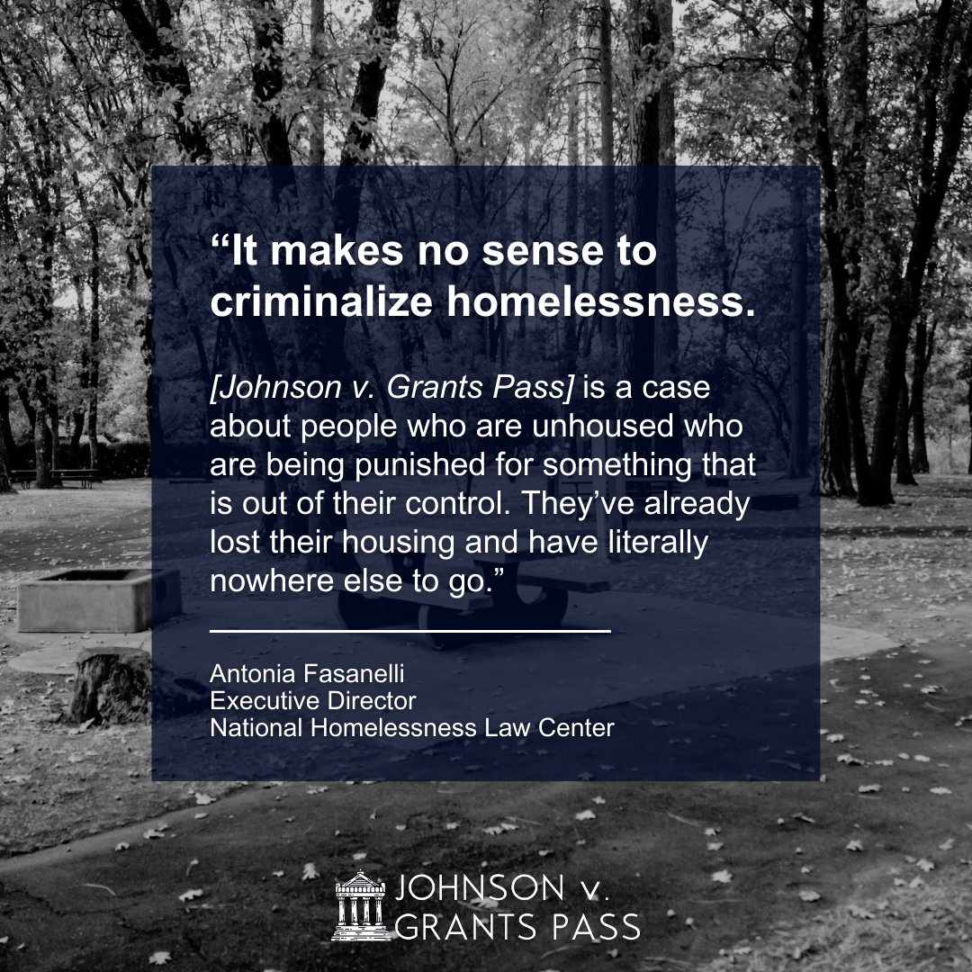 In #JohnsonVGrantsPass, SCOTUS will decide if cities can ticket or arrest people for sleeping outside with no other options. Criminalizing homelessness is not the answer. It's time for better solutions like affordable housing & supportive services. Info: bit.ly/jvgp224