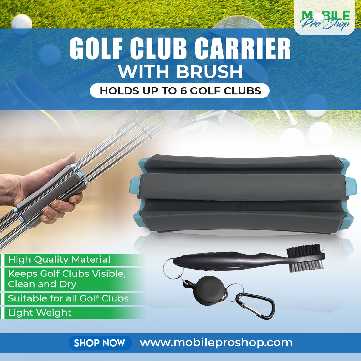 Golf Club Carrier with Brush - Holds up to 6 Golf Clubs, Keeps Your Clubs Visible, Clean & Dry – Premium Quality Golf Club Holder by Mobile Pro Shop!

#MobileProShop #GolfClubCarrier #GolfGear #GolfAccessories #PremiumQuality #ClubHolder #GolfClubs #CleanAndDry #VisibleClubs