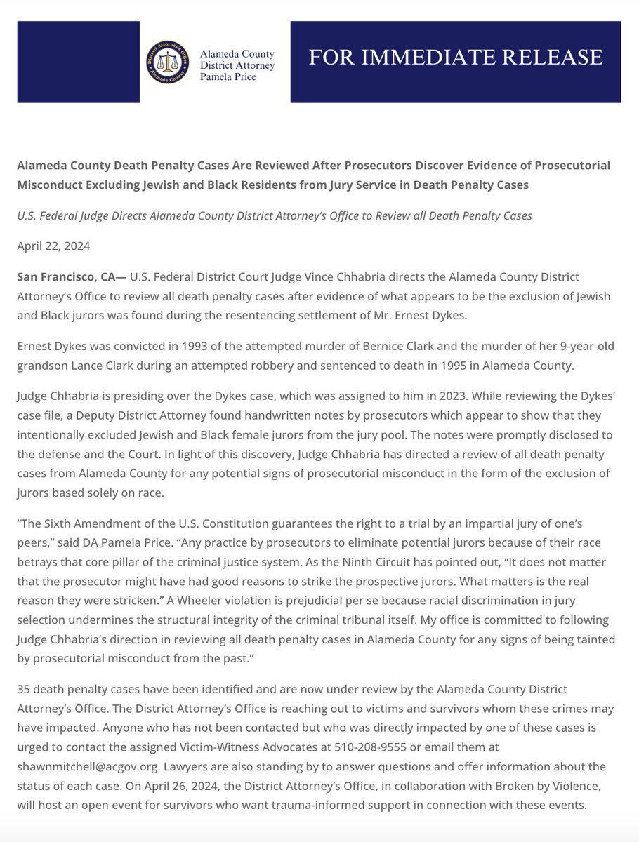 Here is the news release from the @AlamedaCountyDA’s office—Alameda County Death Penalty Cases Are Reviewed After Prosecutors Discover Evidence of Prosecutorial Misconduct Excluding Jewish and Black Residents from Jury Service in Death Penalty Cases. alcoda.org/alameda-county…