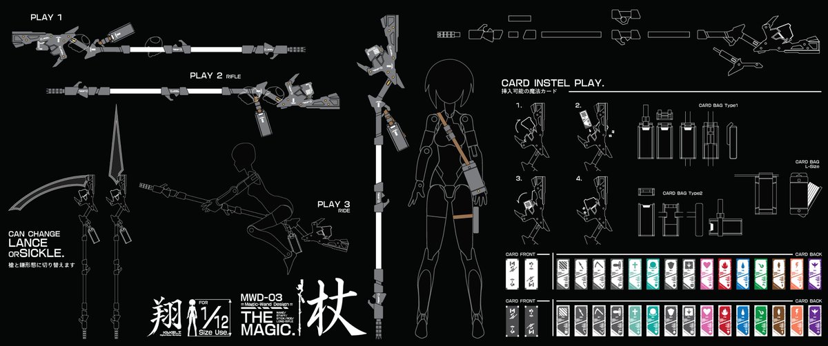 いつもありがとうございます、今回の新作は、カード挿入式のSF魔法杖です、3MM 丸棒で組み立て、改造可能、カードを収納可能なポーチと槍、鎌として使用出来るのパーツを付属。
下の画像をご覧ください。
#翔Kakeli #MWD_03 #メガミデバイス