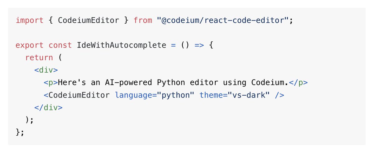 Did you know you can add Codeium's autocomplete to your own website in 2 lines of code using the Codeium React Editor? 🌝 🌝 Read the documentation and try it for yourself here: npmjs.com/package/@codei…