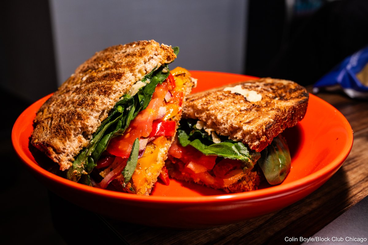 #TodaysReportingLunch: I got the roasted red pepper and spinach panini, topped with hummus, the other day with @rquinnmyers. Refreshing and tasty amid a day of reporting then. 4/12/24 Bronzeville, Chicago | 📍 Little Sandwich Shop, 411 E. Oakwood Blvd.