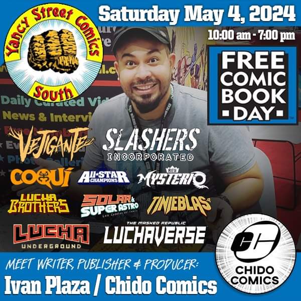 Hey! @FreeComicBook Day is celebrated on the first Saturday of May! This year, meet writer and creator <a href="/IvanDD6/">Ivan Plaza</a> at <a href="/YancyStSouth/">Yancy St Comics South</a> in TAMPA, FL! Get your favorite <a href="/ChidoComics/">Chido Comics</a> books signed, meet more #comicbook creators participating in the event, and get some FREE #COMICS! #FCBD