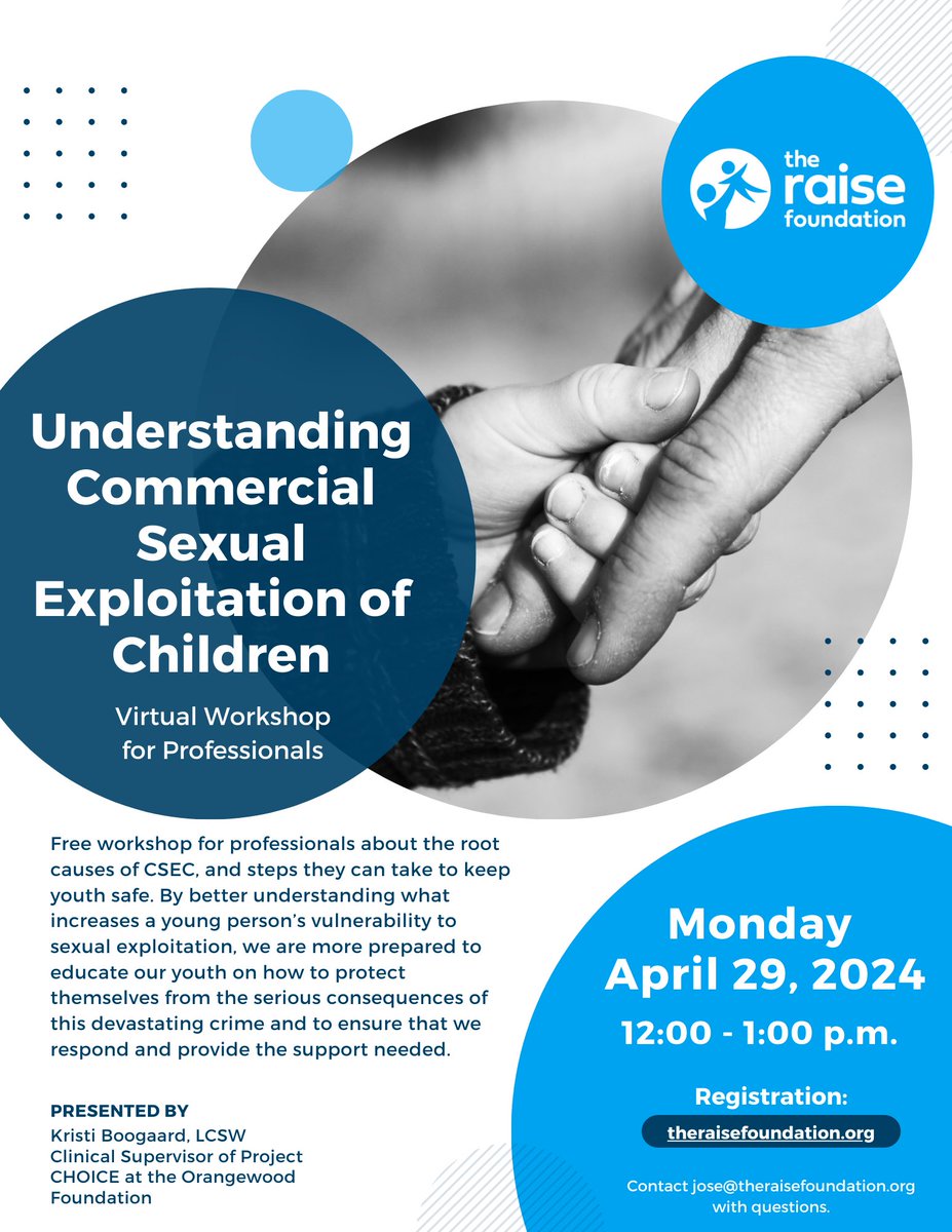 Registration is open for these no-cost #virtual workshops about commercial sexual exploitation and what steps parents and professionals can take to keep youth safe. 💻

Register here: 
linktr.ee/theraisefounda…

#CSEC #HumanTrafficking #ChildAbusePrevention #OC  #Safety