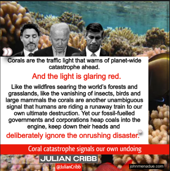 'They support around 500 million livelihoods in 100 countries around the planet & supply a significant portion of the world’s food.' Coral catastrophe signals our own undoing ➡️johnmenadue.com/coral-catastro… @JulianCribb #HappyEarthDay2024 #ClimateCrisis