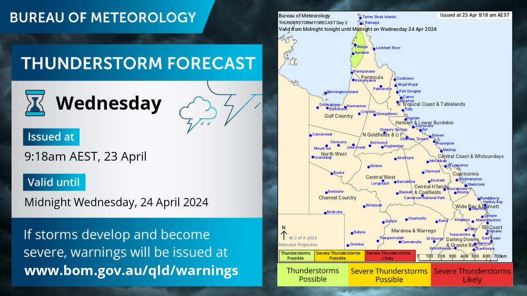 ⛈️Tues & Wed thunderstorm forecast: The chance of a storms confined to the far northwestern Peninsula & Torres Strait for the next few days. No severe storms are expected. Coastal showers in the east, most frequent about the #NorthTropicalCoast. Forecasts: ow.ly/w0GE50RlJ02