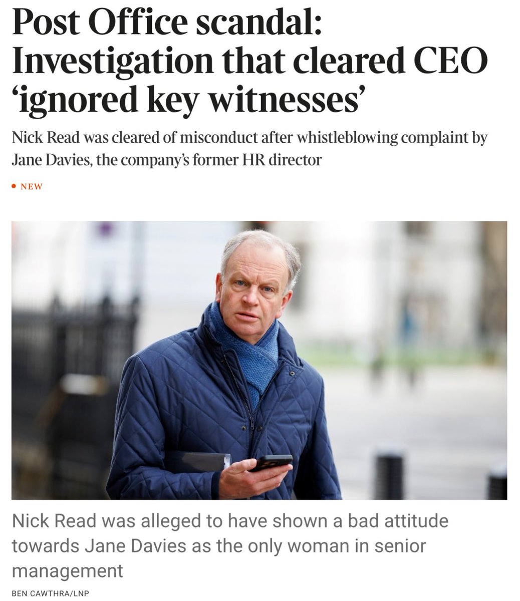 #PostOfficeScandal Latest piece by @TomWitherow in @thetimes Investigation that cleared @PostOffice CEO Nick Read ‘ignored key witnesses’ An investigation into the Post Office chief executive did not interview the complainant’s key witnesses and kept her in the dark, MPs have…