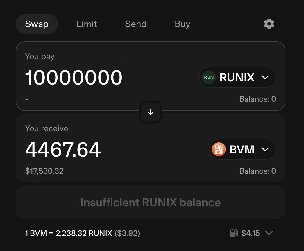 punk3700's tweet photo. BVM SELLING PRESSURE FROM RUNIX

Many BVM holders reached out in the last 24 hours about the RUNIX/BVM selling pressure. I thought it would be helpful to clarify in one post.

The right question to ask is: how much is the selling pressure? Is it $100M? Or is it $1?

When someone wants to sell their RUNIX, there must be a buyer. In this case, the buyer is the AMM liquidity pool on Uniswap.

The easier way to see the liquidity pool is here.

https://t.co/66HgJfWqnX

On the right sidebar, you can see the pool info. The current BVM pool size is 14,291 BVM (or $55K). 

So, collectively, this is all RUNIX holders can sell now. RUNIX holders can sell all they want, but they are 'capped' at 14,291 BVM ($55,000).

Note that BVM's trading volume on Uniswap alone was $16M in the last 24 hours, and the total volume on CEX and DEX was $24M in the last 24 hours.

So the question is: is $55,000 selling pressure a threat for a token with a $24M trading volume?

Let's try to sell RUNIX. Hypothetically, if we want to sell 10M RUNIX, we would get 4467 BVM ($17,530).

So far, so good. Let's try to sell 100M RUNIX. Now you see that you'll get 13,613 BVM (or $53,410) with a massive price impact of 71%.

OK. Let's try to sell 1B RUNIX. You can see that you would get the same amount of BVM whether you sell 100M RUNIX or 1B RUNIX. Now, the price impact is 96.8%.

Even if you try to sell the entire supply of RUNIX now (21B), you still only get 13,613 BVM because that's all the BVM pool size is in the BVM/RUNIX pair.

We certainly don't think that RUNIX creates any selling pressure on BVM at all.

The follow-up question for RuneChain is: 14,291 BVM is a really small BVM pool size; how can we grow it so that people can trade more RUNIX?

Like BVM, RuneChain has to prove itself to be something people want.

RuneChain has to find its product-market fit. That's when more people want to buy RUNIX with ETH or BVM, and the BVM pool size will increase.

Still very early, but so far, I think RuneChain is doing great.

In the first three days, it earned $500K in trading revenues. Starting May 19, we plan to share 90% of the revenues with RUNIX holders.

If Runes becomes the biggest fungible token standard on Bitcoin, similar to how Ordinals became the biggest non-fungible token standard on Bitcoin, I think RuneChain has a great future.

Let me know if you guys have any other questions.