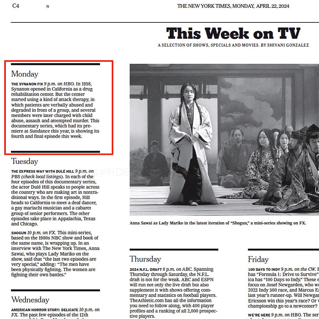 Thank you to Shivani Gonzalez and the @nytimes for featuring The Synanon Fix in the “This Week on TV” section. Tune in to the series finale tonight on @hbo and @streamonmax at 9pm ET/PT.