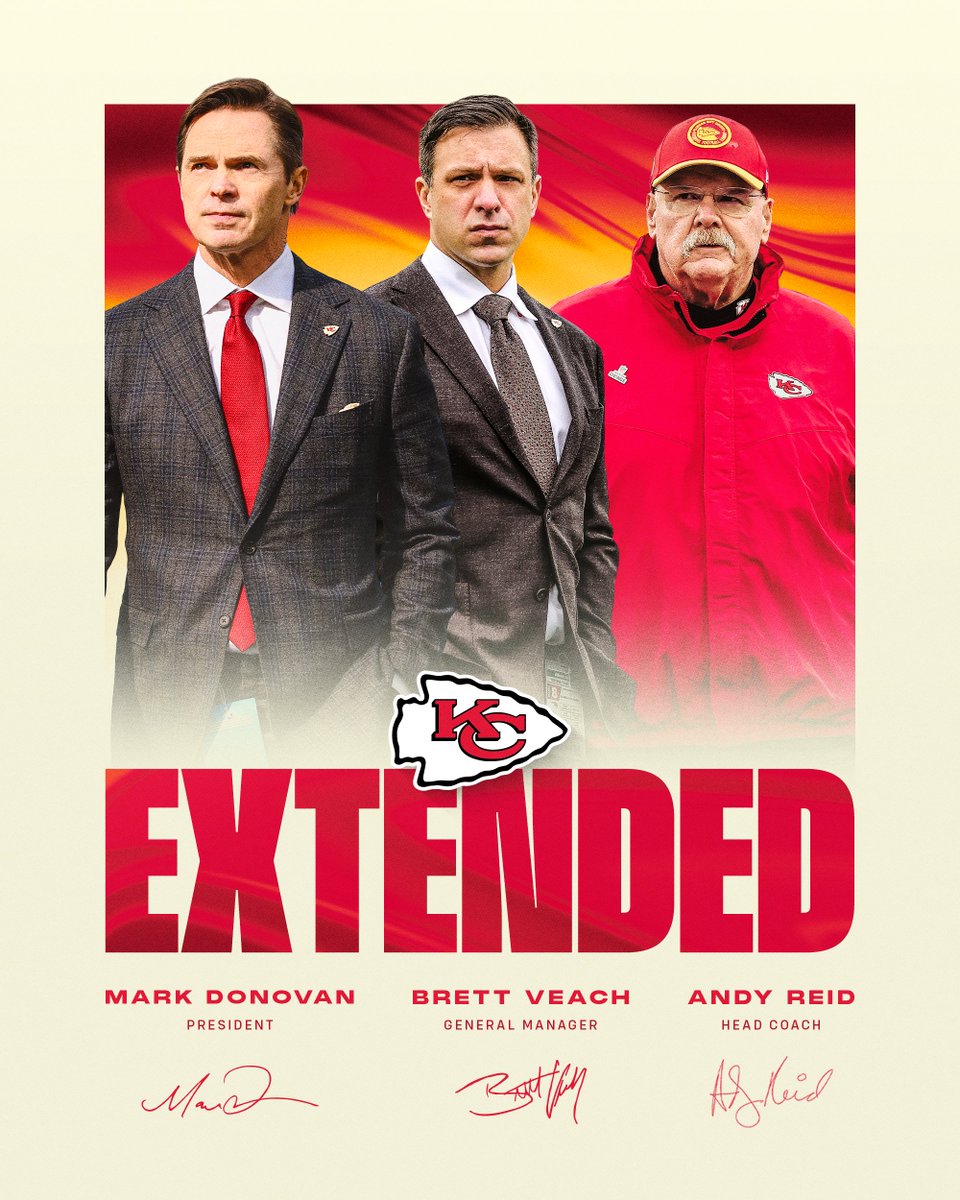 Chiefs's tweet photo. The trio continues.

We have signed Mark Donovan, Brett Veach, and Andy Reid to contract extensions.

📝: https://t.co/71cLlC4pZz https://t.co/KH5frQh5SR