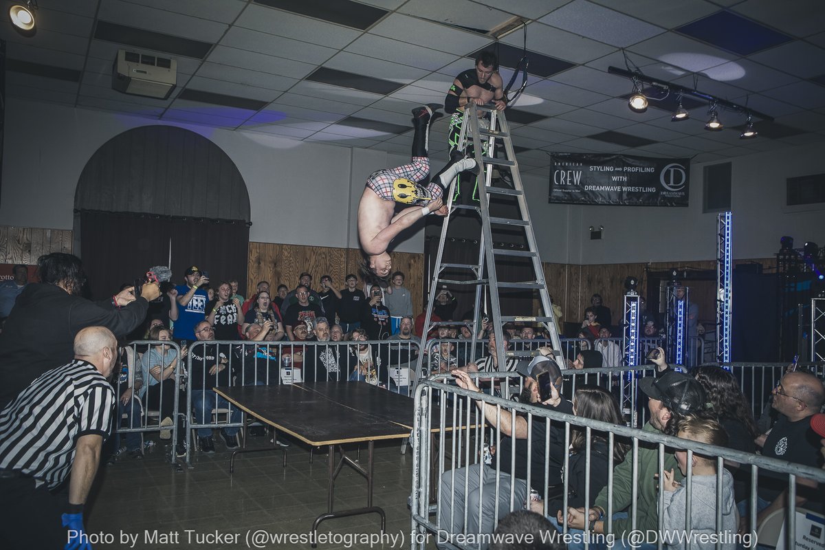 Crazy ladder match for the tag team belts at @DWWrestling #DWAnny The Hype vs Wasted Youth @12GaigeWrestles @HunterHold22 @MarcusMathers1 @thedylnmckay