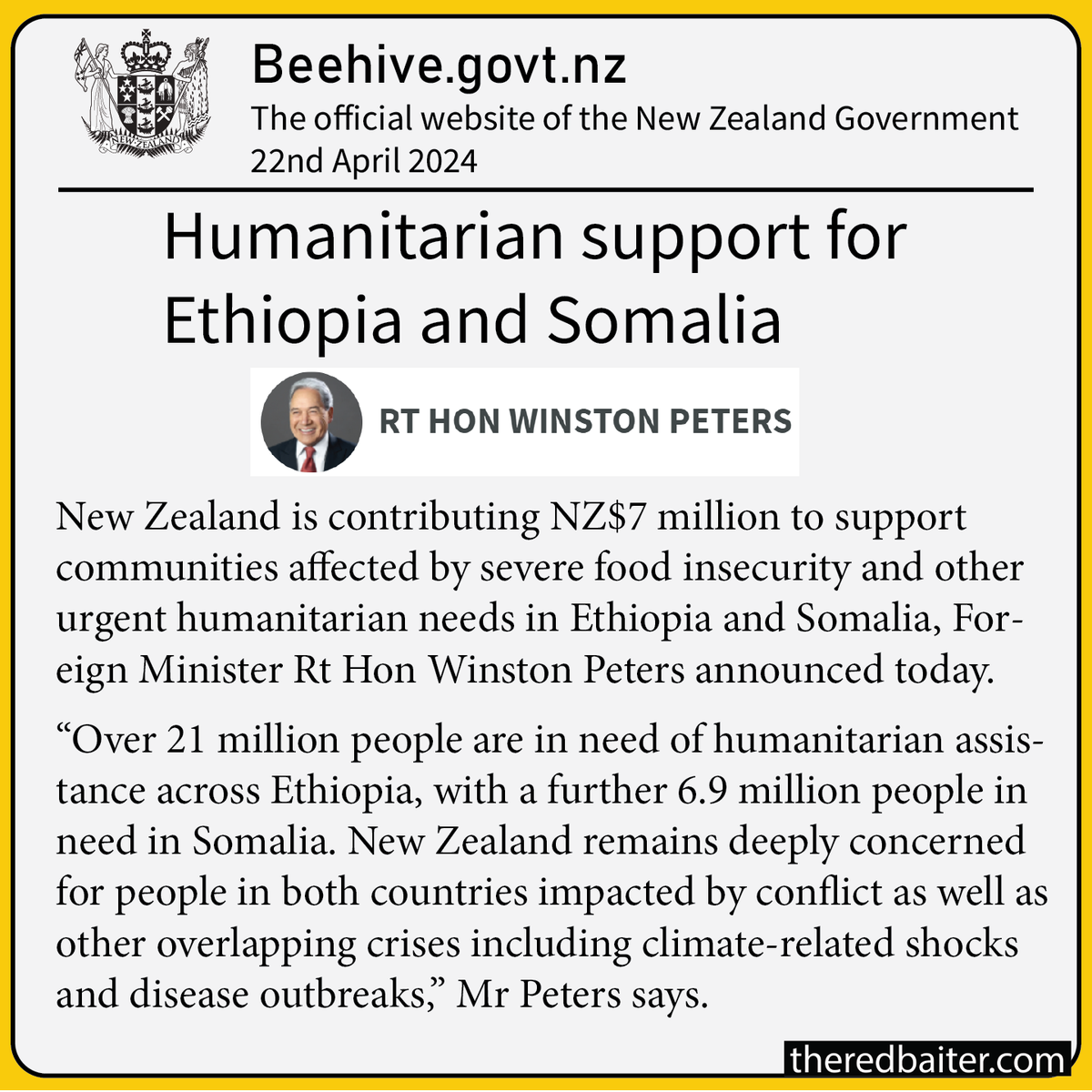 Winston has tipped $7 million dollars of New Zealand taxpayer money into the bottomless pits of Somalia and Ethiopia. Justified partly on the basis of 'climate related shocks'. The West has donated billions to these failed African states over the decades but nothing seems to