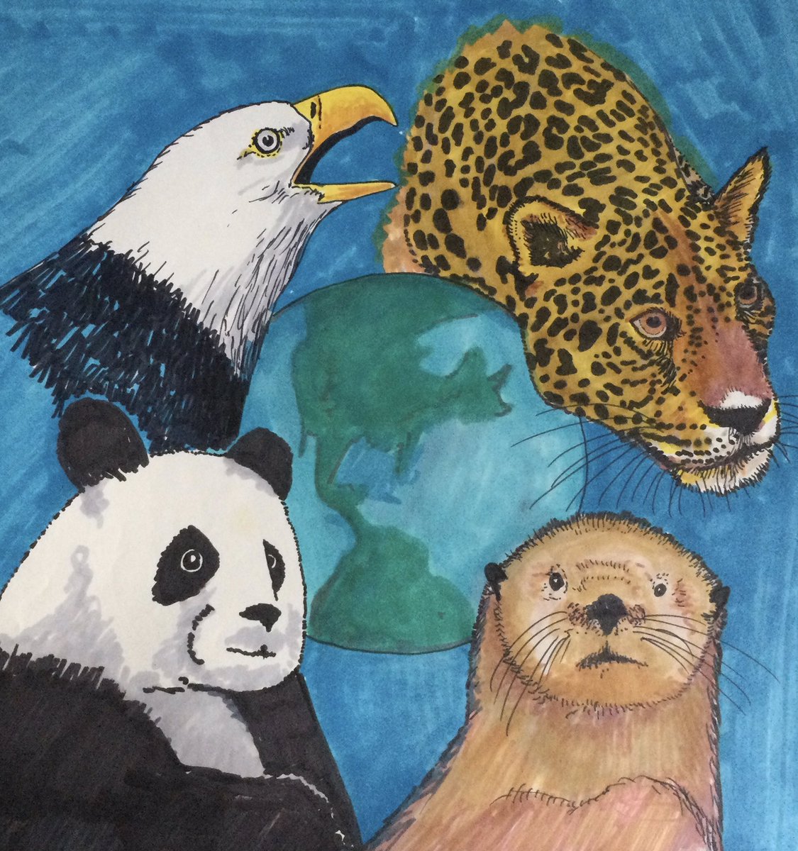 An #EarthDay Collage of animals; A jaguar, Bald Eagle, Panda Bear, and a Sea Otter. All animals of concern on this planet Earth.
