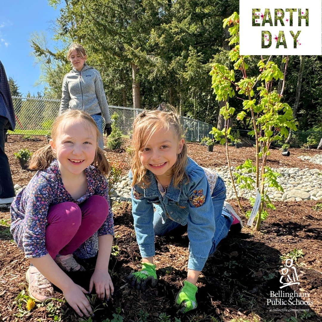 Two elementary school students pose for a photo while planting in a garden; photo includes BPS logo in one corner and Earth Day text graphic in another corner