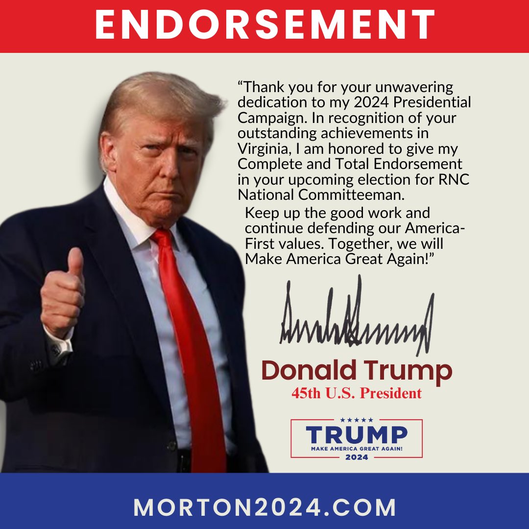 YUGE! @realDonaldTrump endorses Morton Blackwell in his race for Republican National Committeeman. Morton announced this endorsement at the Princess Anne Republican Women’s Club candidate forum in Virginia Beach tonight. Read more: Morton2024.com