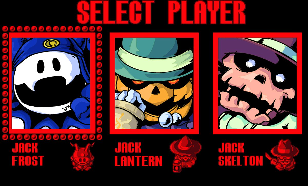 SnowedPumpkins's tweet photo. Hee-re is this lovely redraw of the Jack Bros character select screen my big gremlin of a friend @ianicine put together, ho! It was a comm for some art to put on a case for my steam deck, but he went off on this! ☃️🎃💀 https://t.co/Yidon55BfH