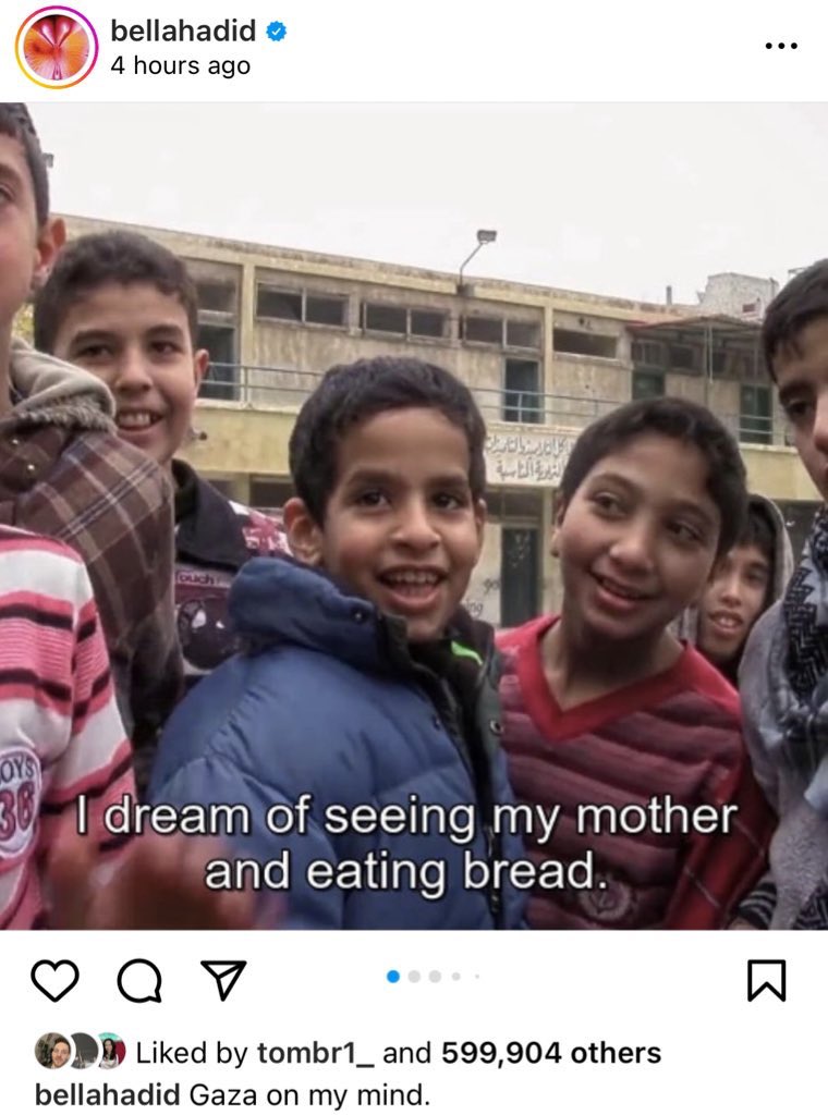 These are children in Yarmouk SYRIA, which was besieged by ASSAD. Bella Hadid just posted this to her 60 million followers, falsely purporting that the images are from Gaza. Rewriting a war crime in real-time.