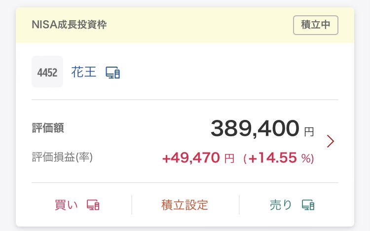 おはようございます☀

今年は個別株にも挑戦します💪🏼

早速NISAの成長投資枠で購入してみました🙋‍♂️

初個別株はバリュー株「花王」に決定。ローリスクローリターンでコツコツ行きます。