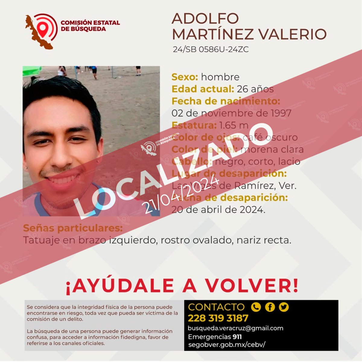 Agradecemos su colaboración por la localización del C. Adolfo Martínez Valerio. #lasvigas #perote #Xalapa
@botDesaparecidx