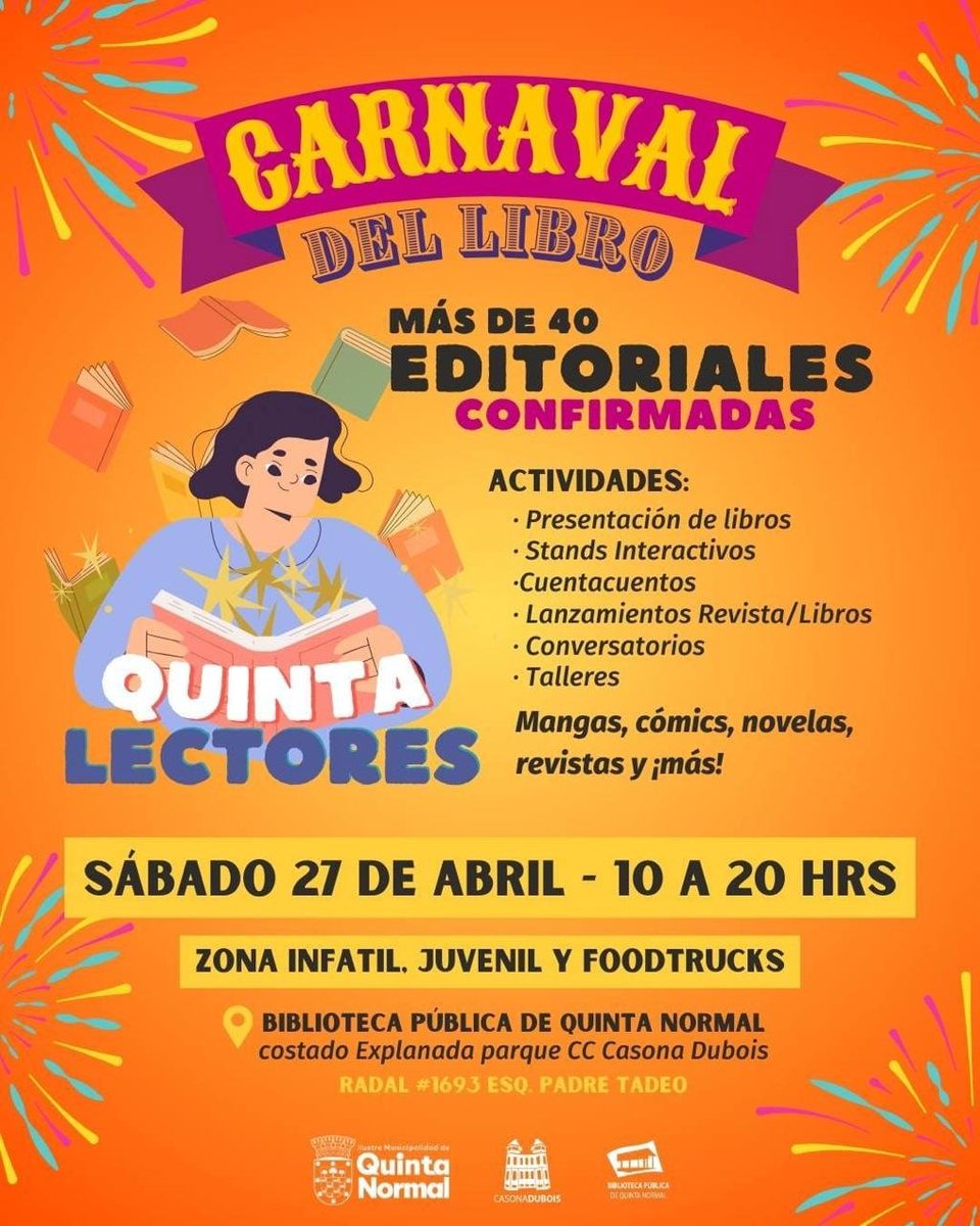 munquintanormal's tweet photo. Este sábado 27 de abril se llevará a cabo el Carnaval del Libro en nuestra comuna, funcionando desde las 10 a.m.
La actividad será realizada en la Biblioteca Pública de Quinta Normal y contará con la participación de más de 40 editoriales. https://t.co/AtPcSMt7T6