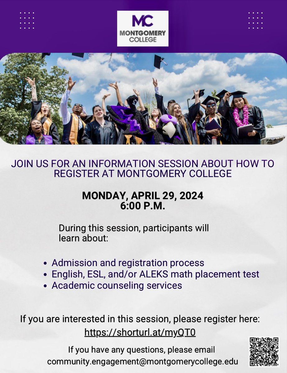 Join our information session & learn how to enroll at ⁦@montgomerycoll⁩ ⁦@ApplyMC⁩ ⁦@FinancialAidMC⁩ #Youbelonghere #tulugarestaaqui ⁦@MCEngage⁩ 💜