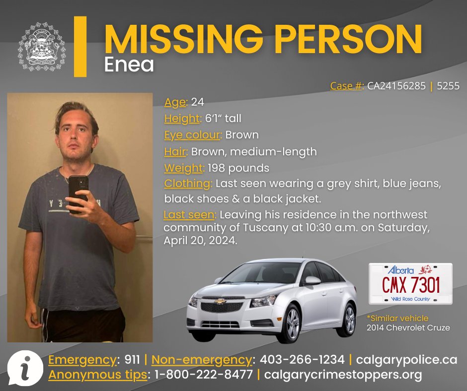 🔎 MISSING PERSON 🔍 We are asking for the public’s help to locate Enea, who is missing from the northwest community of Tuscany. For details, visit the release on The City of Calgary Newsroom. 🌐 newsroom.calgary.ca/missing-person…