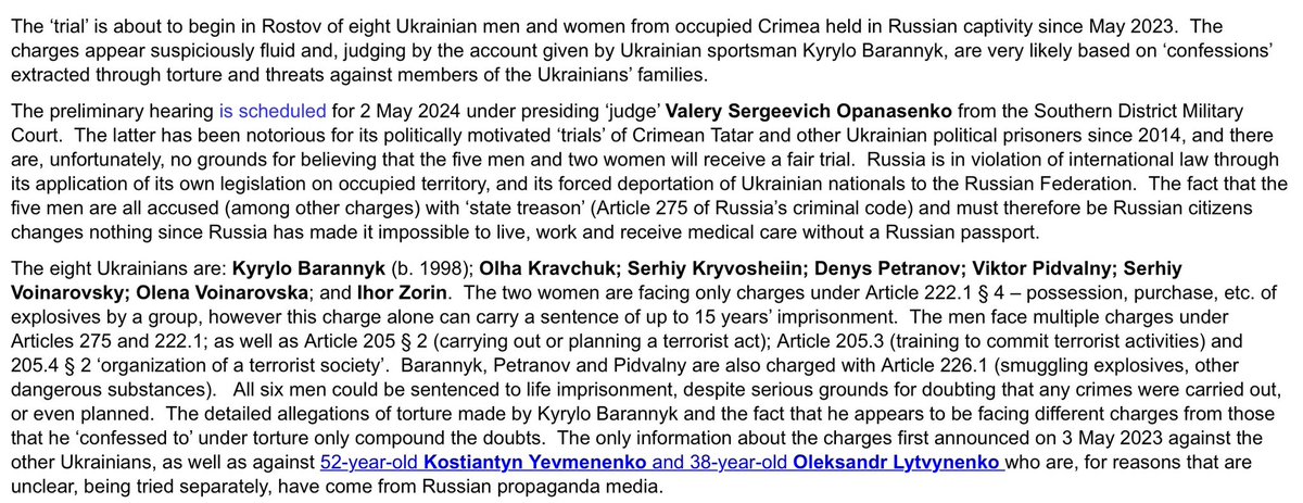 ⚡️ Eight men and women are to be ‘tried’ on charges which are very likely, in all cases, to be based on the same ‘confessions’ extracted through torture that Kyrylo Barannyk has described in detail.💔

RUSSIA BE CURSED FOREVER‼️