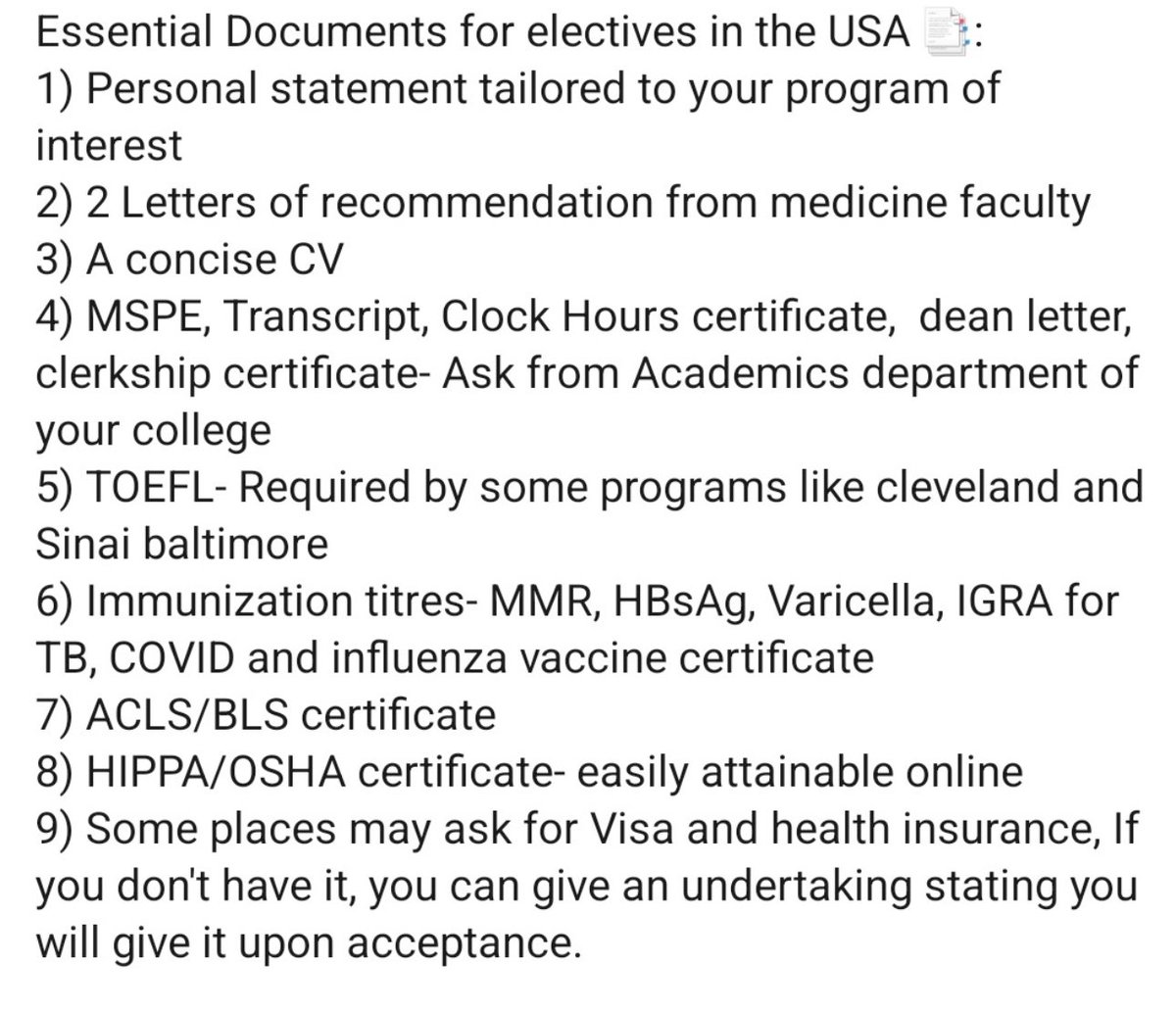 Alert 🚨 High time to apply for electives, observership and externship. Keep shooting emails and keep your all documents ready so u don’t have to run at last moment. See below 

#Match2024 #NRMP #USMLE #MedTwitter #MedEd #Unmatched #NRMP #USMLE #Match2025 
Credit- Dr Ahmad