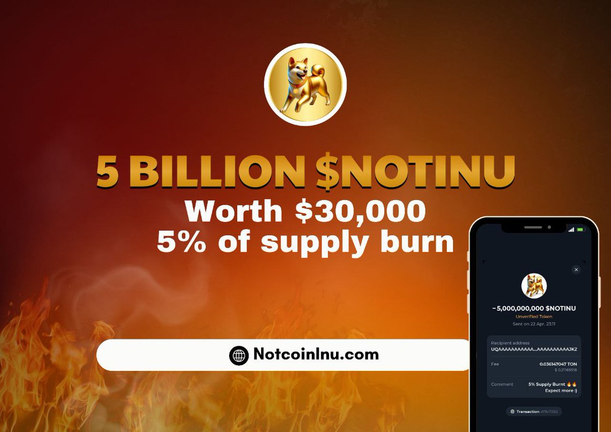 🤑🤑🤑
Notcoiners 🐕 

We just burnt 5% of supply worth $30k 🔥 🔥 🔥 🔥 🔥 
A
It's probably nothing:)

tonviewer.com/transaction/df…

🚀Anticipate Next Burn @ 5M Marketcap