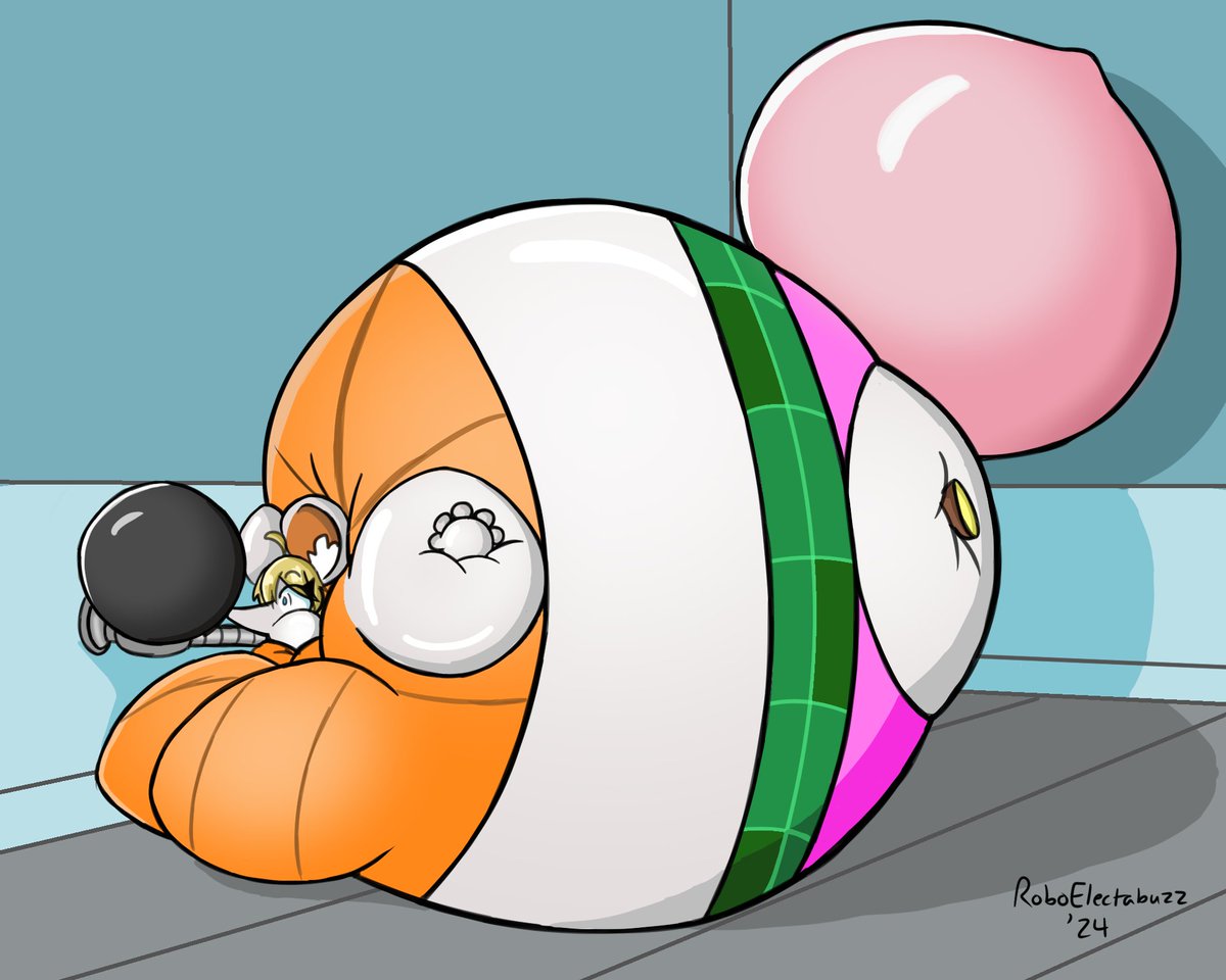 Moushley got stuck in a gas pipe. Hopefully she can free herself and deflate before she explodes. ^^

An attempt to do a somewhat "goofy" inflation shape. (I say this because of the nose inflating.)