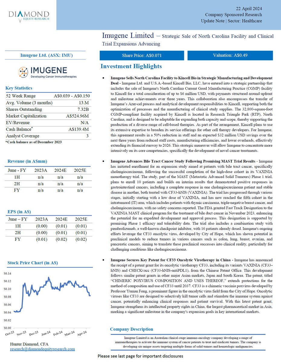 Diamond Equity Research: Price Target of A$0.49 IMU: Strategic Sale of North Carolina Facility and Clinical Trial Expansions Advancing View the $IMU full Report here: tinyurl.com/467kh9du