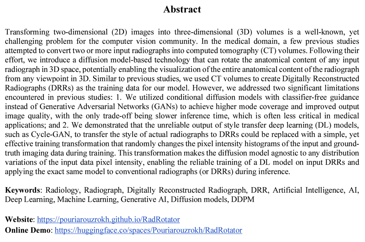 At the core of RadRotator is a conditional #diffusion model trained on >15 million pairs of Digitally Reconstructed Radiographs (DRRs) derived from 5,000 CT volumes. This extensive training enables the model to rotate an input XR according to a specified 3D transformation. (2/3)