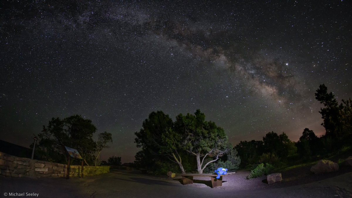 Happy Earth Day! This was from 2019 and the South Rim of the Grand Canyon under spectacularly dark skies as an “Our Precious Planet” Earth plushy stargazed from a lit bench. #EarthDay2024