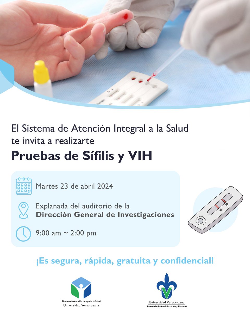 #RegiónXalapa Este martes 23 de abril, la Coordinación de Salud Pública del #SAISUV, llevará a cabo la aplicación de pruebas de Sífilis y VIH en la explanada del auditorio de la @UV_DGRI. ¡Es segura, rápida, gratuita y confidencial! 👩‍⚕️🩵