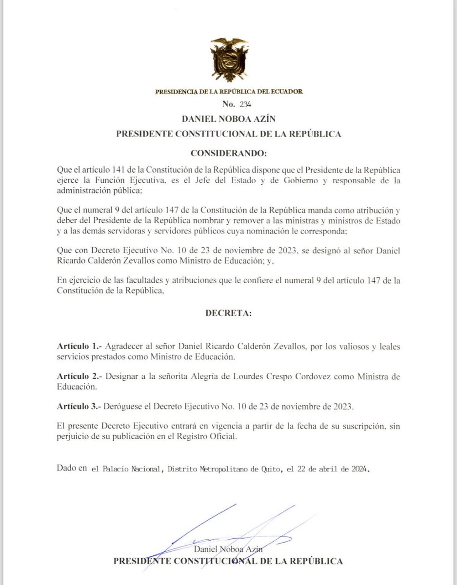 🔴Cambios en gabinete Alegría Crespo Cordovez fue designada como nueva ministra de Educación. El presidente @DanielNoboaOk lo hizo vía decreto # 234. También agradece a Daniel Calderón Zevallos, en el cargo desde el 23 de noviembre de 2023.