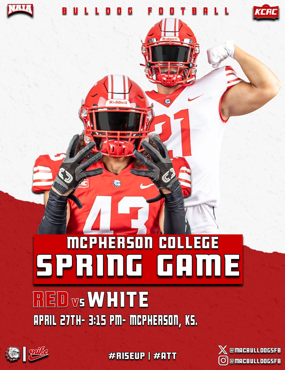 The Bulldogs play football this weekend!

Join us at the annual Red vs. White spring game and get a glimpse of what the Bulldogs have in store for 2024! 

📆: Saturday, April 27th
⏰: 3:15 PM
🏟️: McPherson Stadium

#RiseUp | #ATT