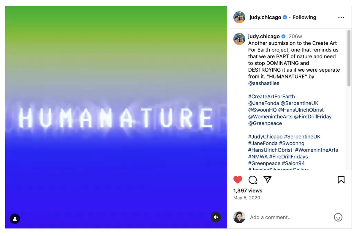 Happy #EarthDay, every day. Was just thinking back to Spring 2020 when my digital poem 'HUMANATURE' was curated by #judychicago along with @Greenpeace @SerpentineUK @HUObrist @Janefonda Swoon @WomenInTheArts for #CreateArtforEarth @Turner_Carroll.
