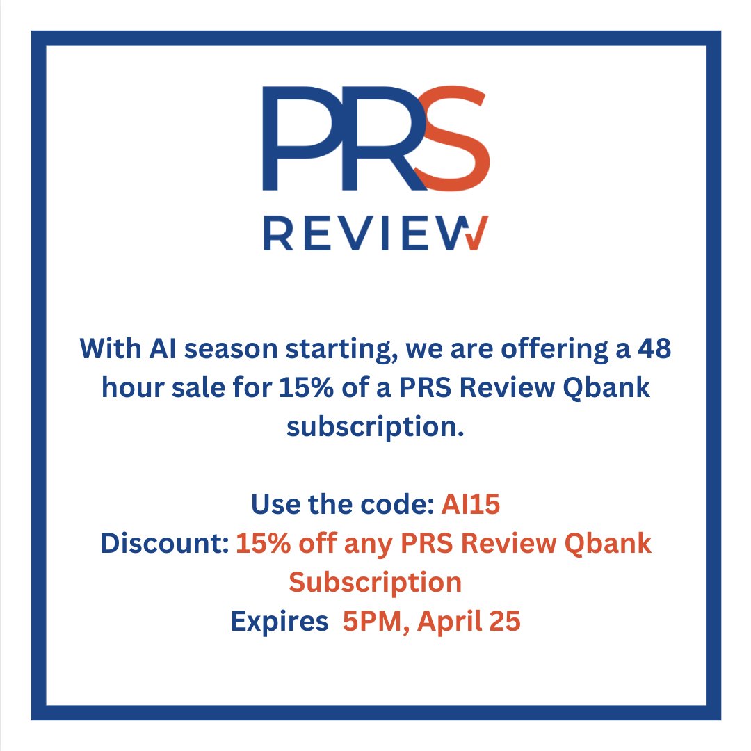 AI season approaching! 15% off for 48 hours! Code: AI15. Expires 5pm, April 25.

#prsreview #plasticsurgery #reconstructivesurgery #surgicaleducation #medicaleducation #meded #questionbank #plasticsurgeryresidency #plasticsurgeryfellowship #plasticsurgeon #surgery