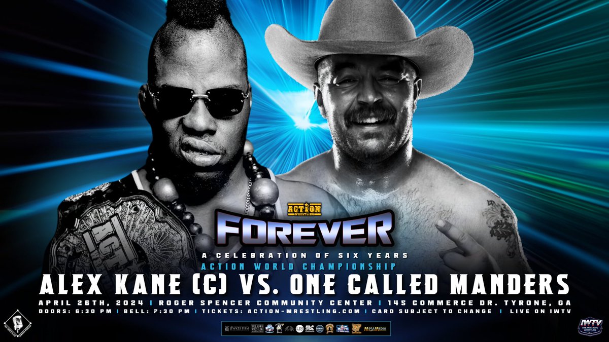 MATCH ANNOUNCEMENT This Friday night at #ACTIONForever, Alex Kane defends the ACTION Wrestling World Championship against 1 Called Manders! Watch LIVE on IWTV or join us in Tyrone Ga at 730pm EST